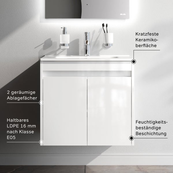 Waschtischunterschrank mit zwei Türen, kratzfester Keramikoberfläche, feuchtigkeitsbeständiger Beschichtung und zwei Ablagefächern.
