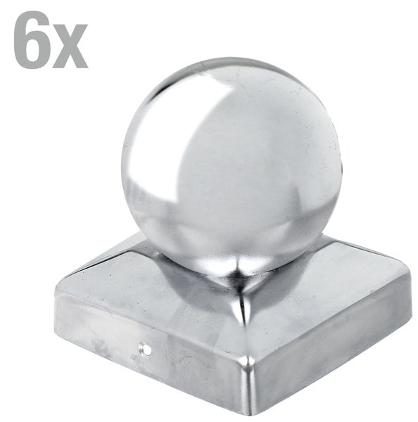 Set aus sechs Pfostenkappen in Kugelform mit quadratischer Basis aus Metall