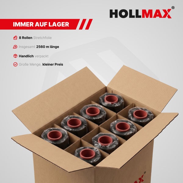 HOLLMAX Logo. Acht Rollen Stretchfolie in einem Karton verpackt mit einer Gesamtlänge von 2560 Metern.