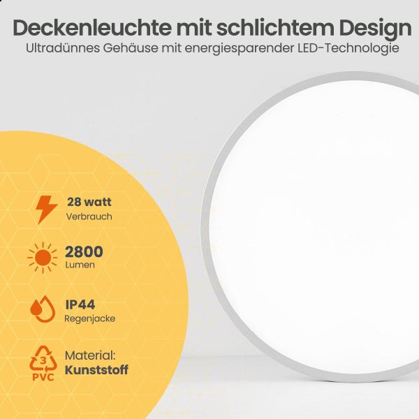 Goliving Deckenleuchte Weiß - Deckenleuchte - Led - Extra dünn - Warmweißes Licht - Schlafzimmer - Badezimmer - Wohnzimmer - 30cm