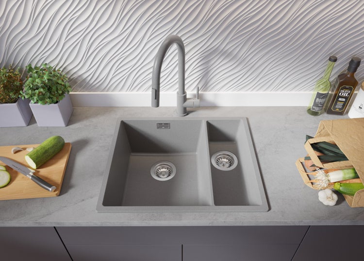 PRIMAGRAN Spülbecken Grau 56x47cm, Granitspüle 1,5 Becken + Ablauf-Set, Küchenspüle ab 60er Unterschrank - London Slim Duo