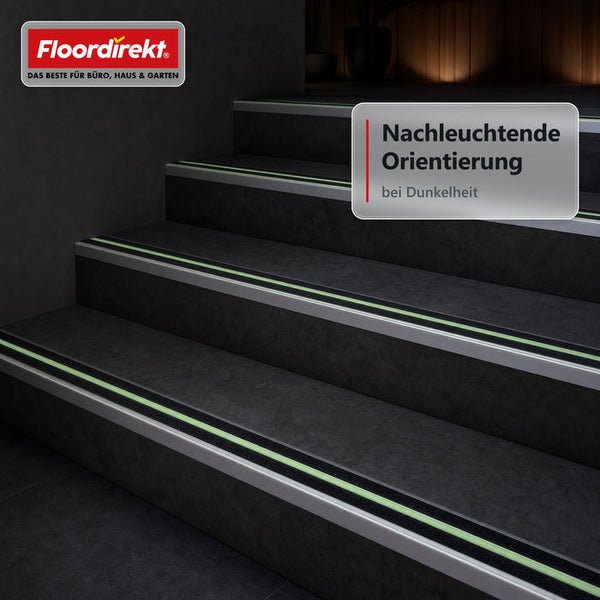 Treppenstufenprofil mit nachleuchtendem Streifen für bessere Sichtbarkeit bei Dunkelheit an einer Treppe mit Floordirekt Logo.