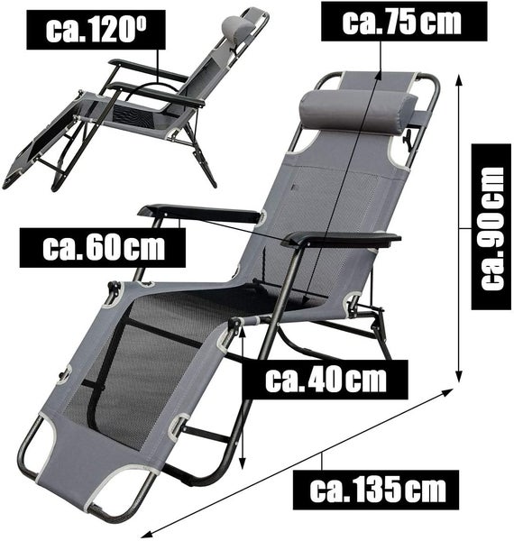 Faltbare Campingliege Freizeitliege | Verstellbare Gartenliege | Liegestuhl mit Nackenstütze | Klappliege Grau | Stahlrahmen | Belastbarkeit max. 100KG | 178cm