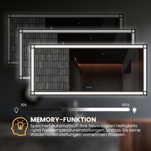Rechteckiger Badezimmerspiegel mit LED Beleuchtung und Dimmfunktion sowie Memory Funktion zur Speicherung der Helligkeitseinstellungen