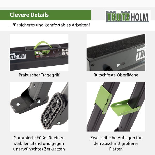 TrutzHolm Sägebock Details: Tragegriff, rutschfeste Oberfläche, gummierte Füße, seitliche Auflagen