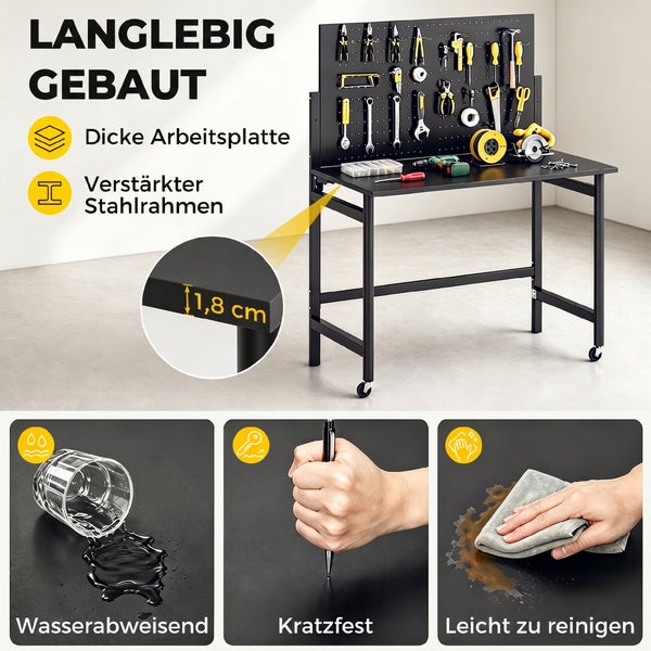 Schwarze Werkbank mit Lochwand, Stahlrahmen und Rollen. Die 1,8 Zentimeter dicke Arbeitsplatte ist wasserabweisend, kratzfest und leicht zu reinigen.