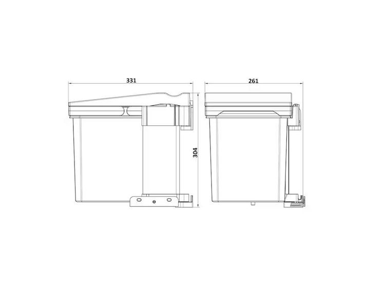 Technische Zeichnung mit Maßangaben für einen Einbaumülleimer, Ansicht von der Seite und von vorne.