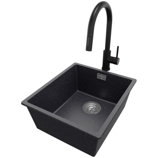 PRIMAGRAN Unterbauspüle Granit Anthrazit 41x47cm, Spülbecken 1 Becken + Küchenarmatur 40x20cm + Ablauf-Set, Granitspüle ab 45er Unterschrank - London