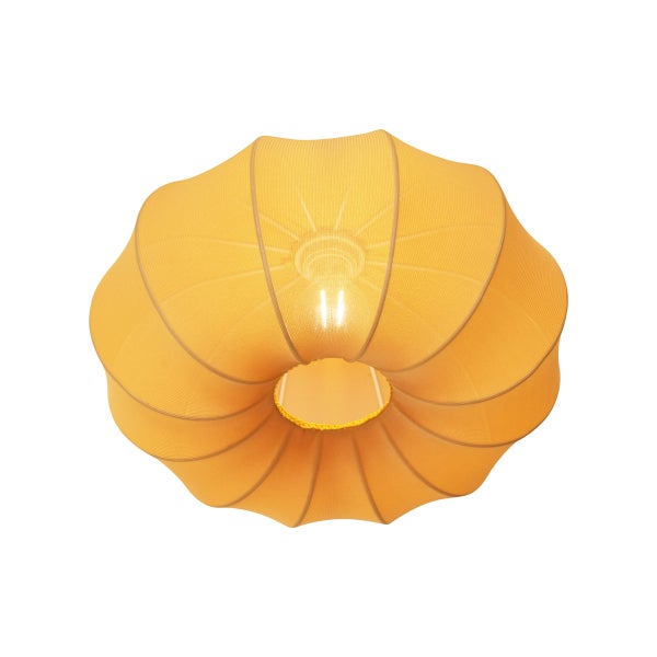 Runder Lampenschirm aus gelbem Stoff in gefalteter Optik.