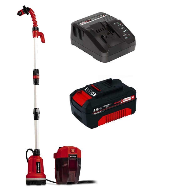 Einhell Akku-Regenfasspumpe Set mit Teleskopstange, 18 Volt 4,0 Amperestunden Power X-Change Akku und Ladegerät.