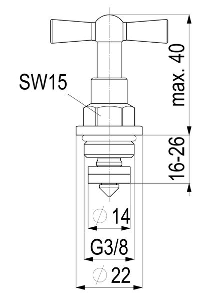 Technische Zeichnung eines Ventiloberteils mit T-Griff, Gewinde G 3/8 Zoll, Schlüsselweite 15, Durchmesser 14 und 22 Millimeter, maximale Höhe 40.