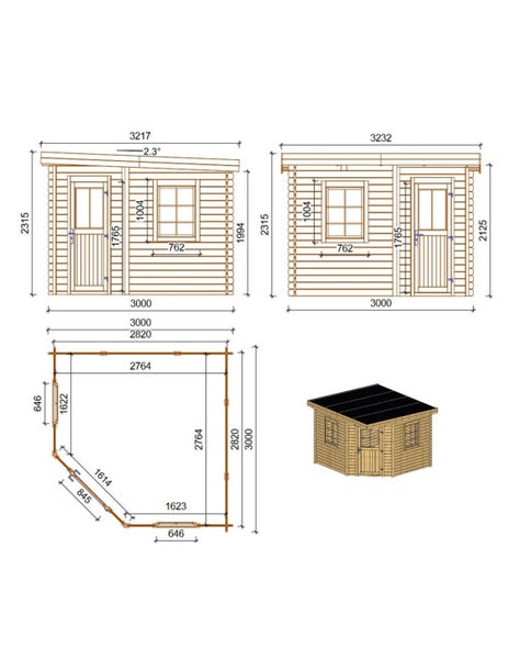 Technische Zeichnung mit Maßen für ein fünfeckiges Gartenhaus aus Holz mit Pultdach, Tür und Fenstern.
