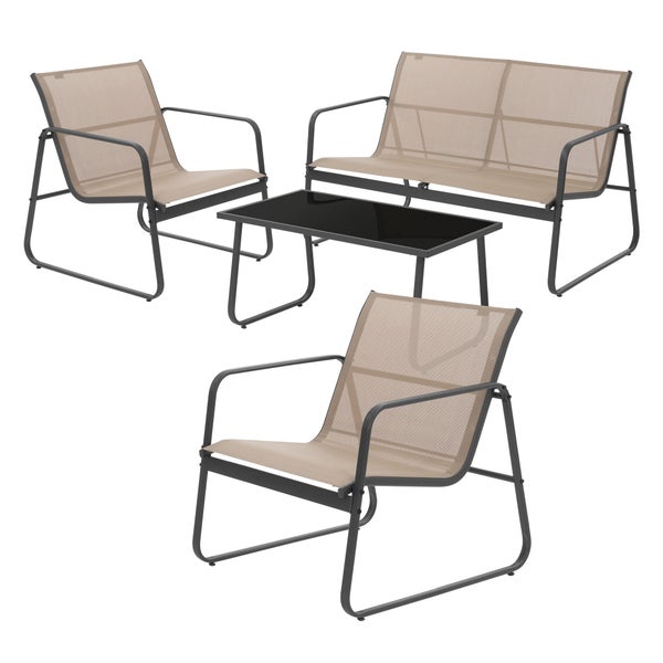 ML-Design Gartenmöbel Set 4-tlg, Taupe, Balkonmöbel aus Stahl & Textilene für 4 Personen, Garten Sitzgruppe mit Glastisch, Sofa und 2 Sesseln, wetterfest, Gartengarnitur Outdoor für Balkon, Terrasse