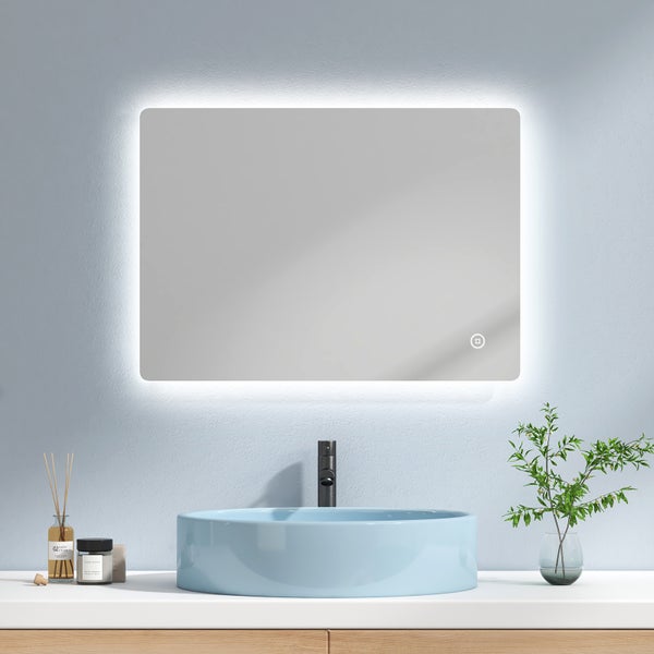 EMKE LED Badspiegel mit Beleuchtung 70 x 50 cm,  6500K Kaltweiß, Touchschalter, horizontal & vertikal montierbar, Rückbeleuchtung, IP44, für Badezimmer geeignet