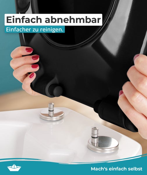 Calmwaters® WC Sitz einfache Montage, Premium Toilettendeckel bis 250 kg, Made in EU, antibakterieller Duroplast, doppelte Absenkautomatik, 2 Montage Optionen, abnehmbar, Klobrille, oval, Schwarz