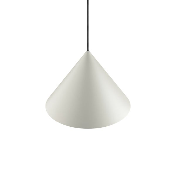 Kegelförmige Pendelleuchte in Sandfarbe mit schwarzem Kabel.