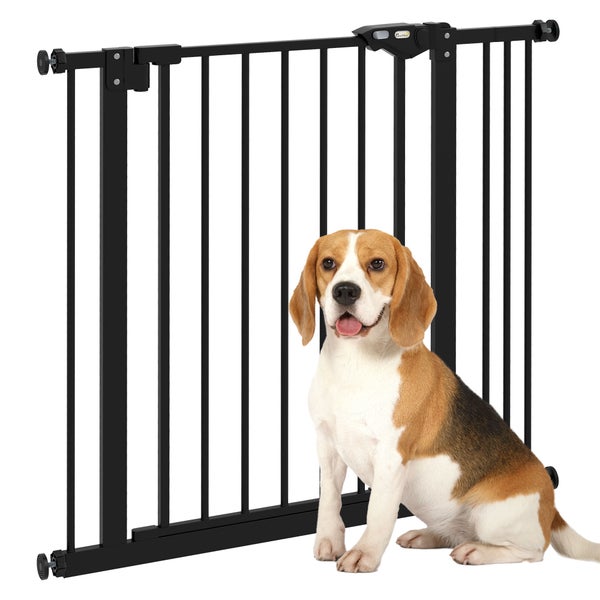 PawHut Türschutzgitter Hunde, Absperrgitter, 74-87 cm, Treppenschutzgitter für Haustier, Hundegitter inkl. Verlängerung, Schutzgitter ohne Bohren, Metall, Kunststoff, Schwarz