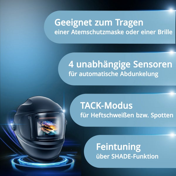 Schweißhelm mit 4 Sensoren für automatische Abdunkelung, TACK-Modus, SHADE-Feintuning, geeignet für Brillenträger und Atemschutzmasken.