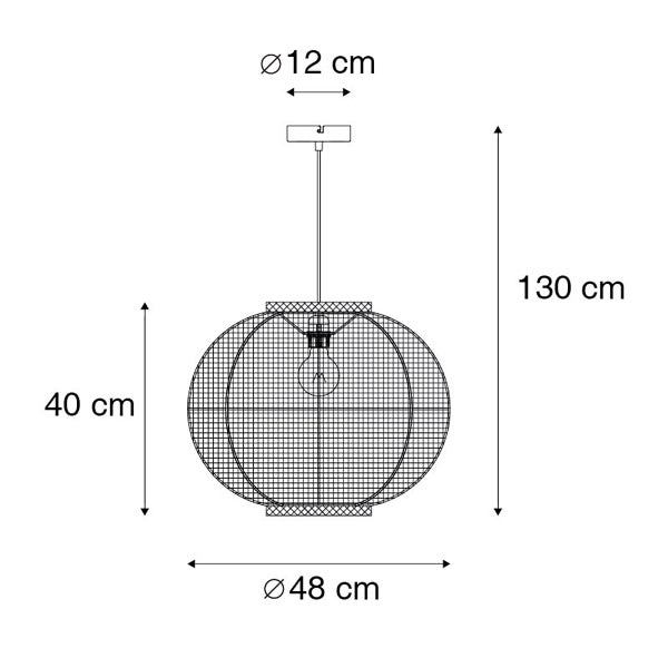 Maßzeichnung Gitter-Pendelleuchte: Gesamthöhe 130 Zentimeter, Schirmhöhe 40 Zentimeter, Durchmesser 48 Zentimeter, Baldachin 12 Zentimeter.