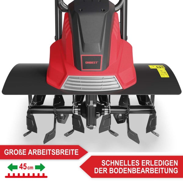 Elektro-Bodenhacke mit ONBEST Logo und einer Arbeitsbreite von 45 Zentimetern für effiziente Bodenbearbeitung.