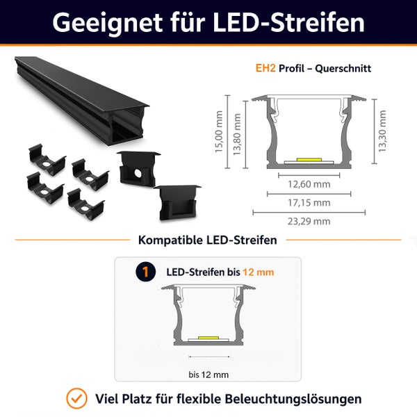EH2 Einbauprofil für LED Streifen mit Montagezubehör und Maßzeichnung für LED Streifen bis 12 Millimeter Breite