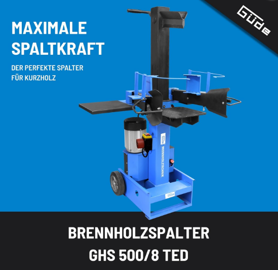 Güde Brennholzspalter GHS 500/8 TED für Kurzholz mit elektrischem Antrieb und Güde Logo.