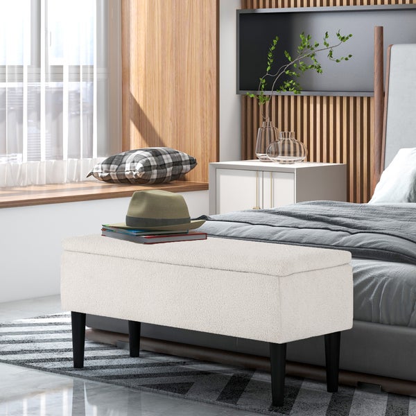 HOMCOM Sitzbank mit Stauraum, Bettbank, Polsterbank mit Klappdeckel, Samtoptik, Truhenbank, für Wohnzimmer, Schlafzimmer, Cremeweiß, 95 x 38 x 45 cm