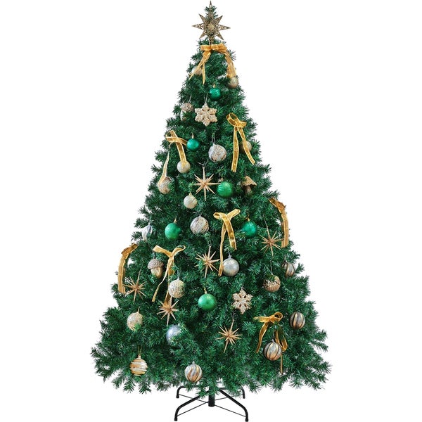 Geschmückter Weihnachtsbaum mit Stern, Schleifen und Kugeln