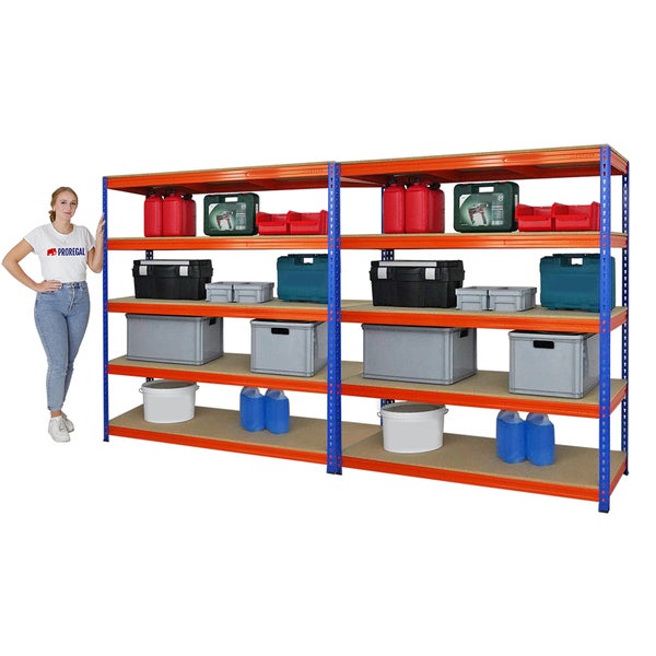 PROREGAL Mega Deal 2x Profi Schwerlastregal Bison HxBxT 200 x 180 x 60 cm 5 Fachböden Fachlast 600 kg Blau-Orange