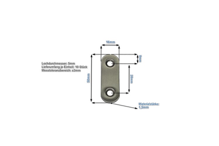 Metallverbinder mit zwei Löchern, 50 Millimeter lang, 16 Millimeter breit, 1,5 Millimeter Materialstärke, 10 Stück im Set.