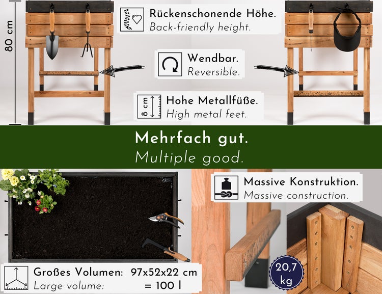 WONDERMAKE - Großes Hochbeet aus Kirschbaum Holz für Garten Balkon Terrasse, Pflanzkasten Bausatz XL hochwertig rechteckig mit Innen-Folie, Kräuterbeet Pflanzenkasten deko, dunkel-braun schwarz