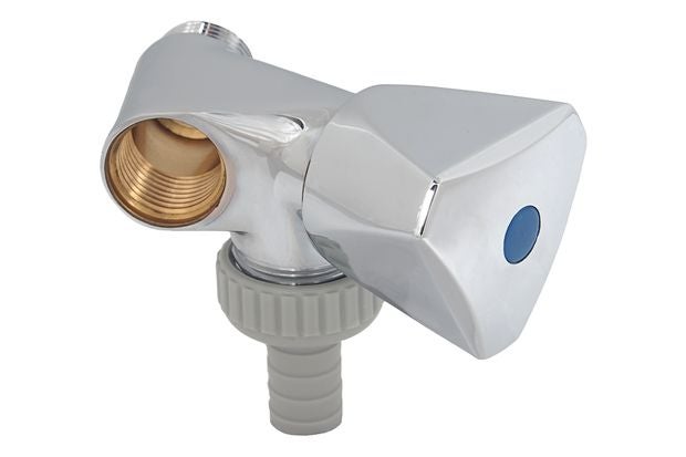 Zusatzventil für Waschtisch-Armaturen, verchromt, mit Dreiecksgriff und Schlauchverschraubung für Waschmaschinen.