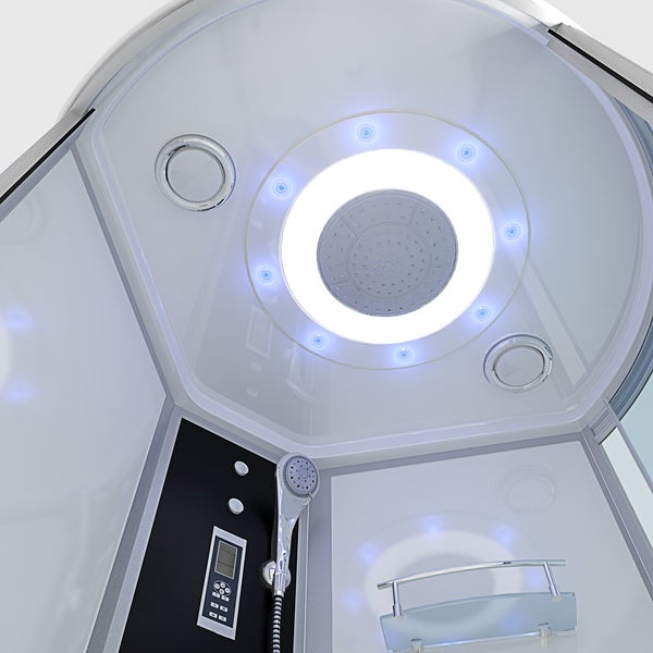 Innenansicht einer modernen Duschkabine mit großer runder Kopfbrause, integrierter LED-Beleuchtung, Handbrause und digitalem Bedienfeld.