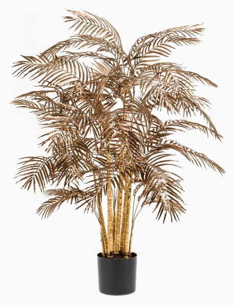 Nahaufnahme einer künstlichen Palme in Metallic-Bronze mit detaillierten Blättern und bambusähnlichen Stämmen.