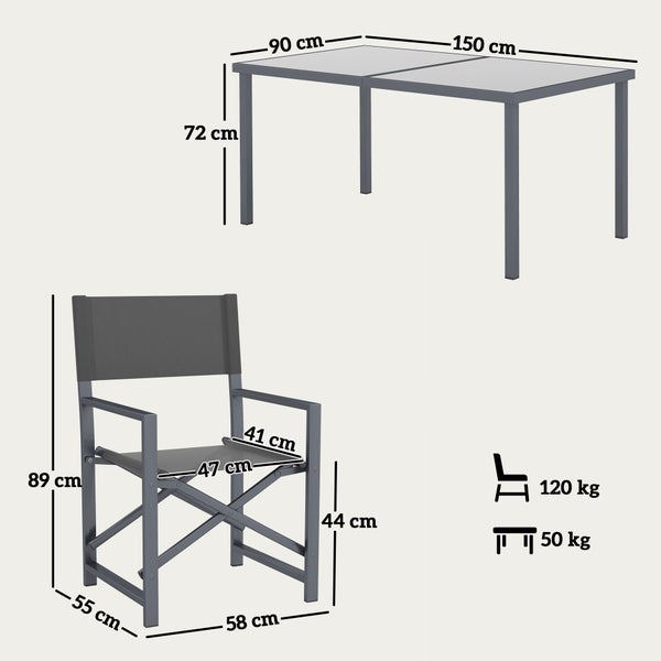 Outsunny Sitzgruppe 5-teilig Essgruppe Stahl für 4 Personen Esstisch mit 4 klappbar Stühlen Esszimmergruppe mit Glastisch Küchentisch-Set Balkonmöbel Gartenmöbel für Terrasse, Balkon Grau