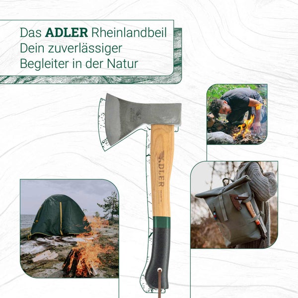 ADLER Rheinlandbeil mit Holzstiel und Kopf aus Stahl, ideal für Outdoor und Camping, dargestellt in Nutzungsszenen beim Feuermachen und Wandern.