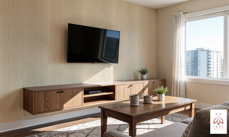 Wohnzimmer mit an der Wand montiertem Fernsehgerät, hölzerner Medieneinheit und Couchtisch