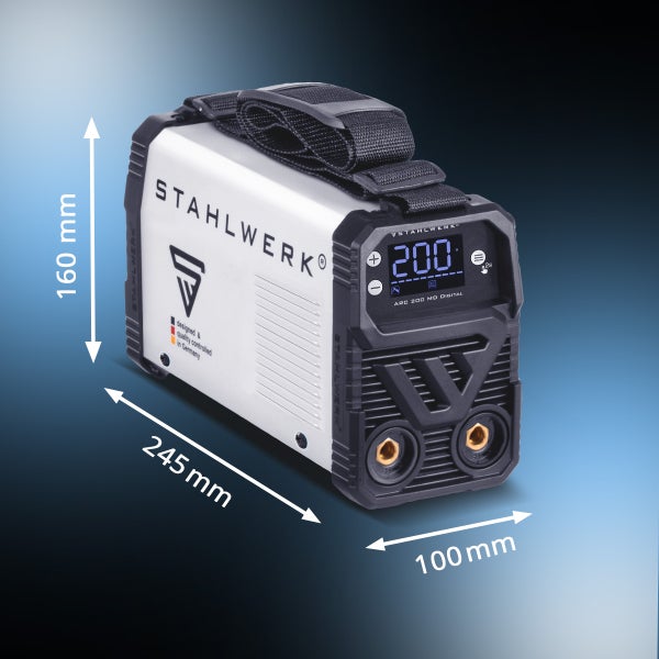 Stahlwerk ARC 200 MD Digital Schweißgerät mit Tragegurt und den Maßen 160 Millimeter mal 245 Millimeter mal 100 Millimeter.