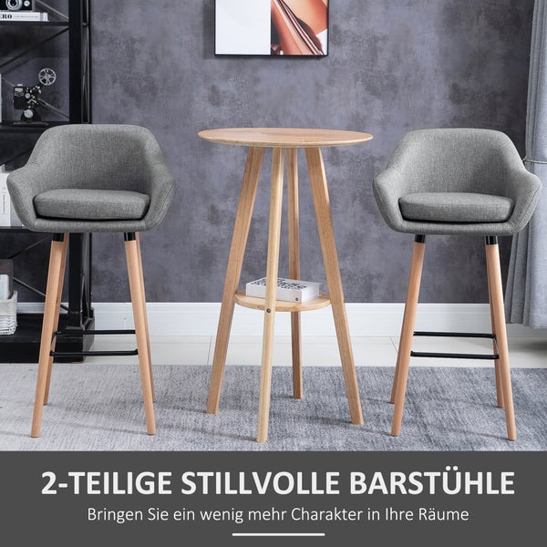HOMCOM Barhocker 2er Set, Barstuhl mit Sitzkissen, Holzbeine, Rückenlehne und Armlehnen, Küchenstühle mit Fußstütze aus Holz, Tresenhocker für Küche, Wohnzimmer, Esszimmer, Leinenoptik, Grau