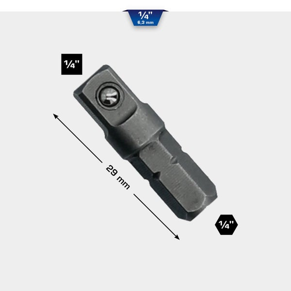 Steckschlüsseladapter mit einer Größe von 29 Millimetern und einer Aufnahme von 6,3 Millimetern