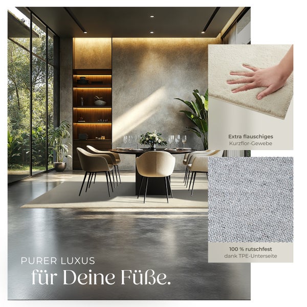 Teppich im Esszimmer mit kurzem, flauschigem Flor und rutschfester Unterseite