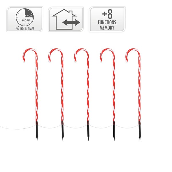 ECD Germany LED Zuckerstangen 5er Set mit 40 Warmweißen LEDs, 73cm, Rot Weiß, batteriebetrieben, Außen & Innen, Beleuchtete Gartenstäbe Weihnachtsdeko Gartenstecker Weihnachtsweg Marker Lichterkette