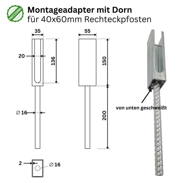 Montageadapter mit Dorn für Rechteckpfosten, technische Zeichnung.