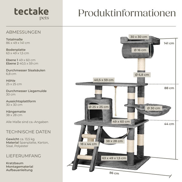 Kratzbaum tectake Stokeley inklusive Spielkordel und Kippschutz 141 cm grau