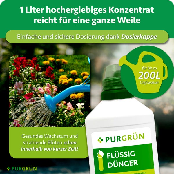 Purgrün Flüssigdünger Konzentrat in einer Flasche mit Dosierkappe für bis zu 200 Liter Gießwasser für gesundes Pflanzenwachstum.