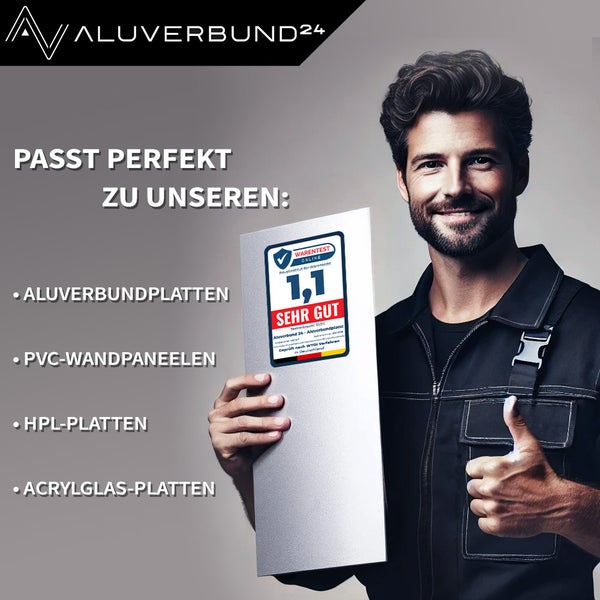 Mann hält Aluminiumverbundplatte mit Testauszeichnung, passend zu Aluminiumverbundplatten, PVC Wandpaneelen, HPL Platten, Acrylglasplatten