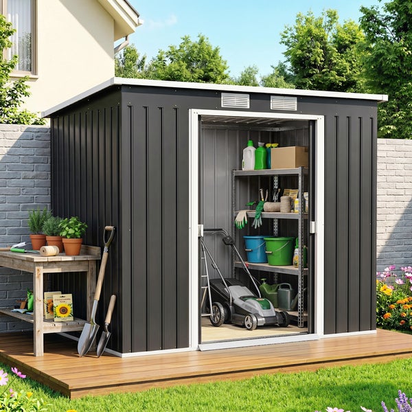 Grillpavillon aus Metall mit Doppeldach und Seitenablagen. Breite 256 Zentimeter, Tiefe 145 Zentimeter, Gesamthöhe 255 Zentimeter.