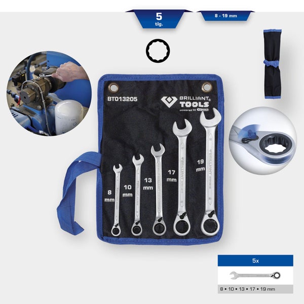 BRILLIANT TOOLS Ratschenringschlüssel-Satz 5tlg. umschaltbar 8 - 19 mm - BT013205