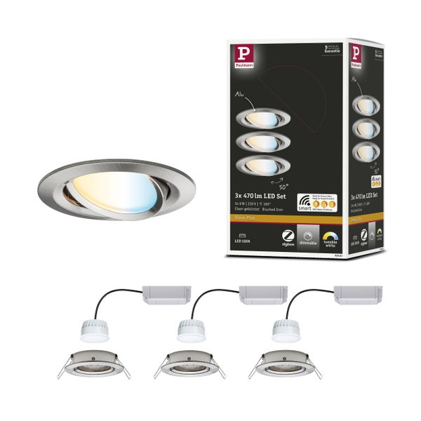LED Einbauleuchte Smart Home Zigbee 3.0 Nova Plus Coin Basisset schwenkbar rund 84mm 50° Coin 3x6W 3x470lm 230V dimmbar Tunable White Eisen gebürstet
