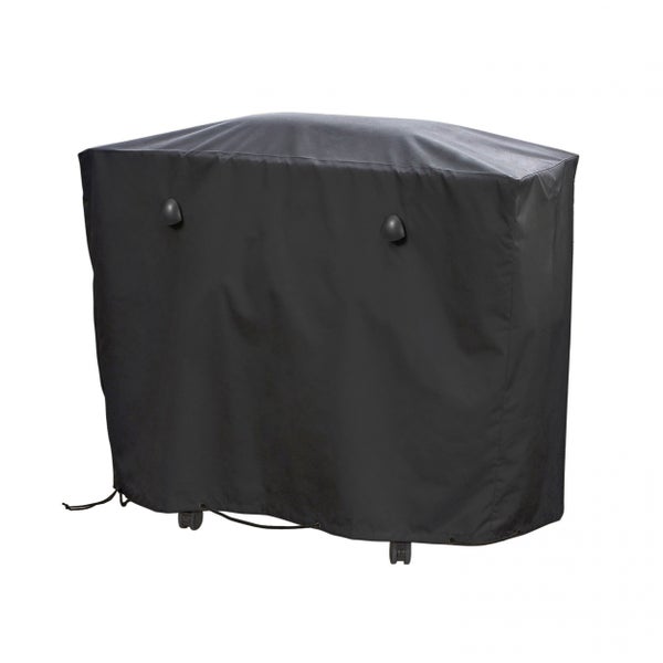 Schwarze Wetterschutzhülle für Grill mit Kordelzug und Belüftungsöffnungen.